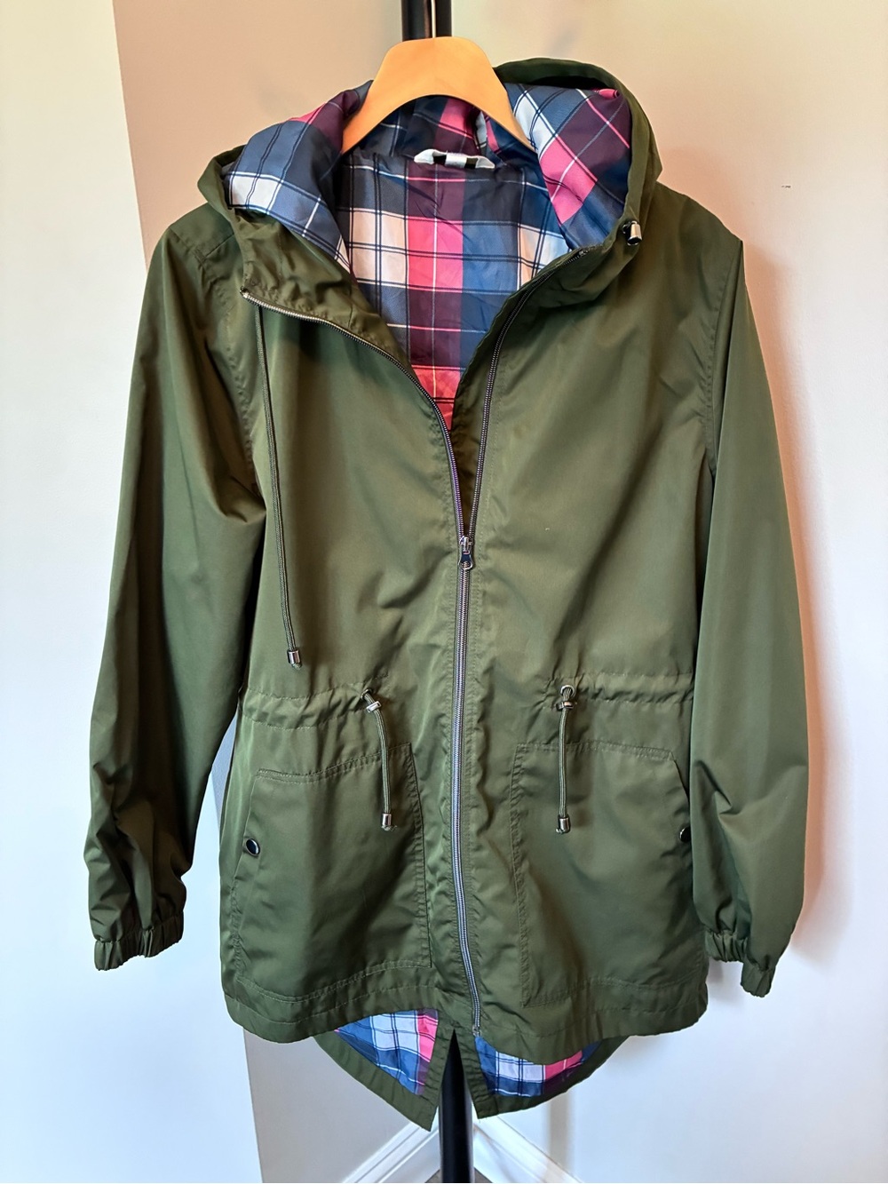 Time and Tru Olive Hooded Raincoat with Pink & Blue Plaid Lining